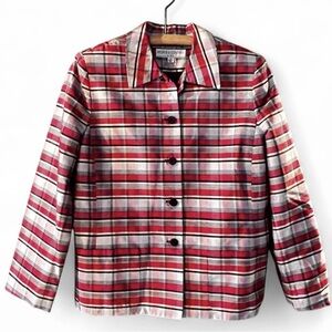 Kasper Plaid 100% Silk Jacket Sz 14 Vintage Blazer Top Retro Classic Pin-Up